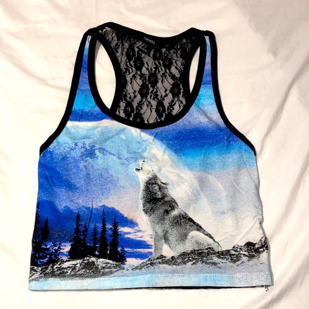Howling Wolf and Moon Printed Crop Tank with Lace Back Detail